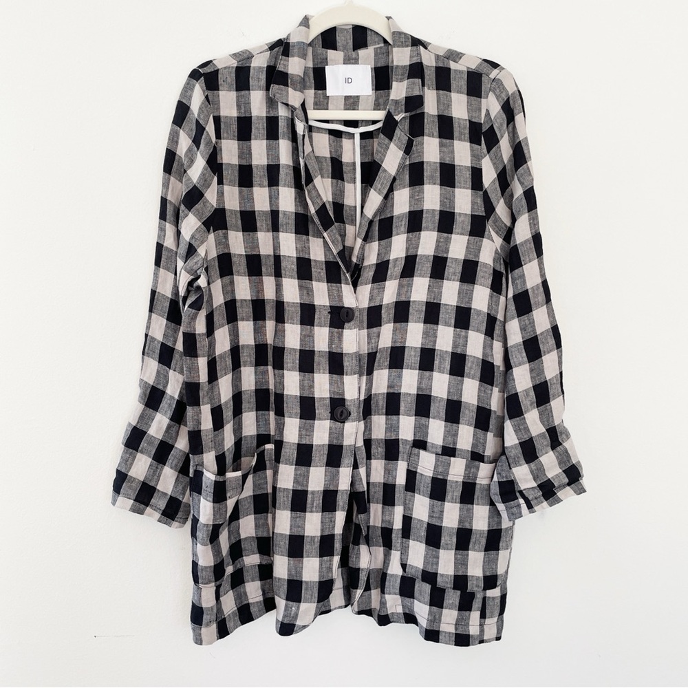 ID Women’s 100% Linen Blazer Shacket Plaid Gingham Single Button Parisian Collar